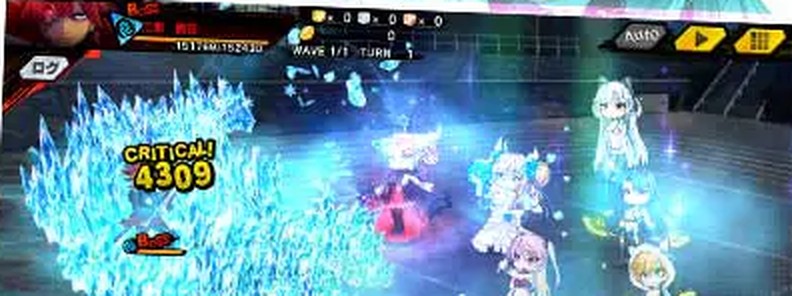 対魔忍RPGのバトル画面、デフォルメされた対魔忍ユニットがウェーブ制のコマンドバトルで戦う様子(画像出典: DMM GAMES公式ページ)